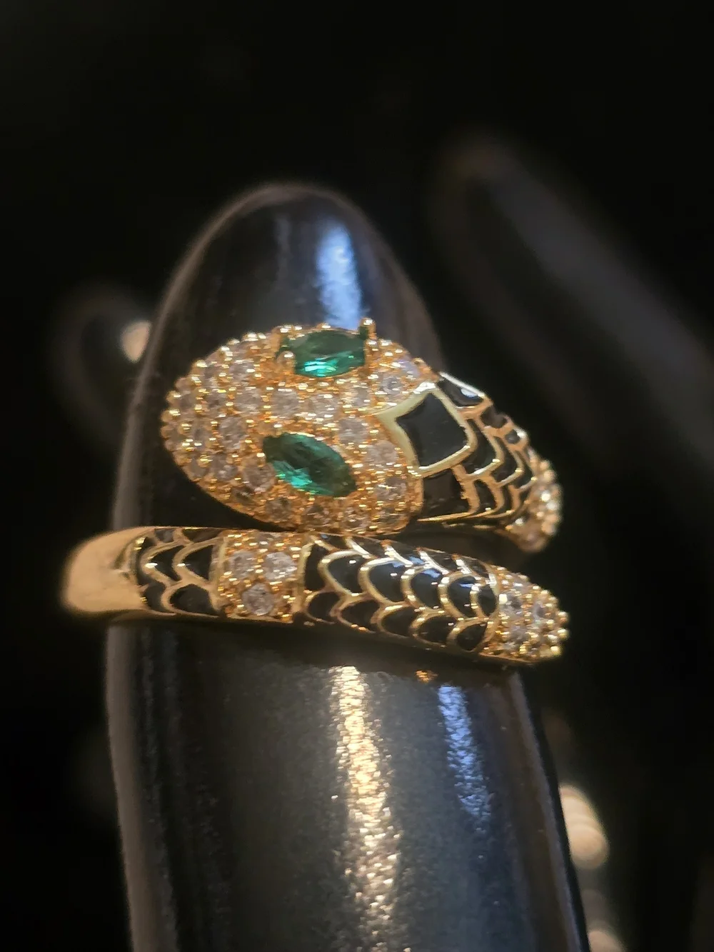 22kgp Duabi Jewelry- Gold Tone Snake Wrap Ring with Green Stone Eyes